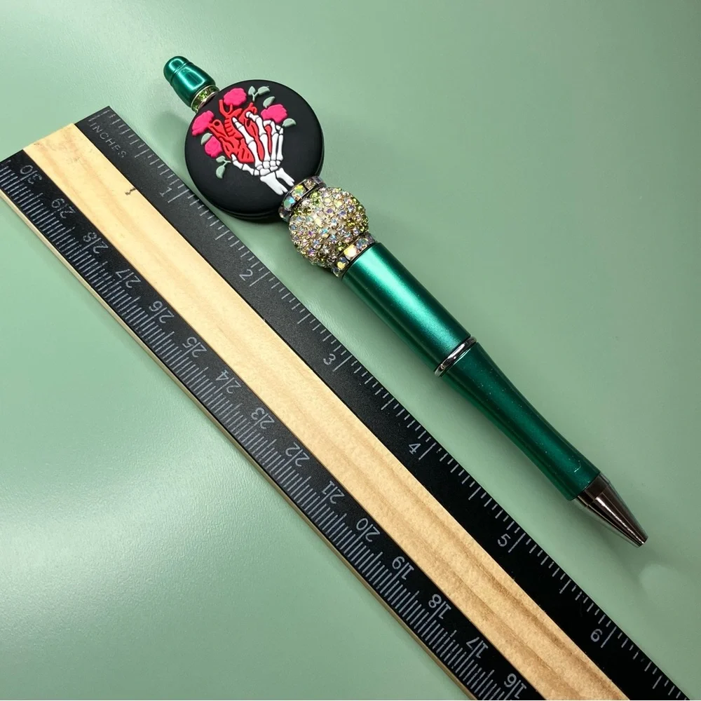 Gothic Skeleton Hand Holding Anatomical Heart & Roses Handmade Beaded Pen